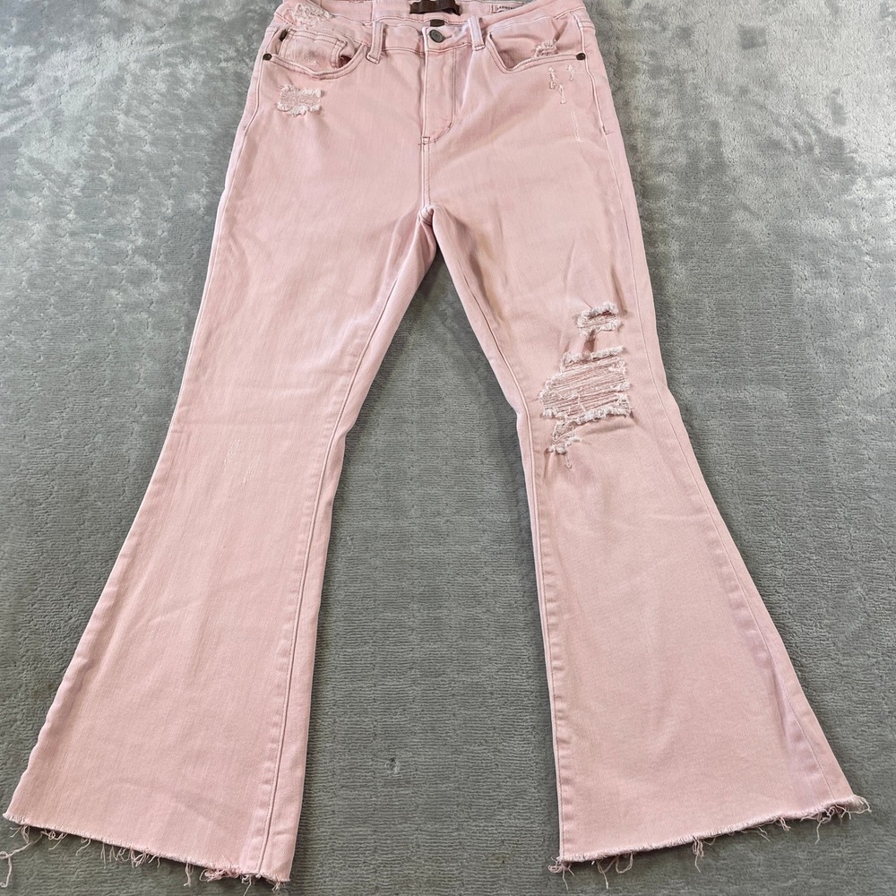 Judy Blue Jeans Flare Womens 11/30 Pink Distressed High Rise Boho Raw Hem Mom